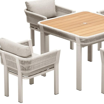 Five Piece Light Brown and Beige Square Solid Wood Dining Set with Four Chairs