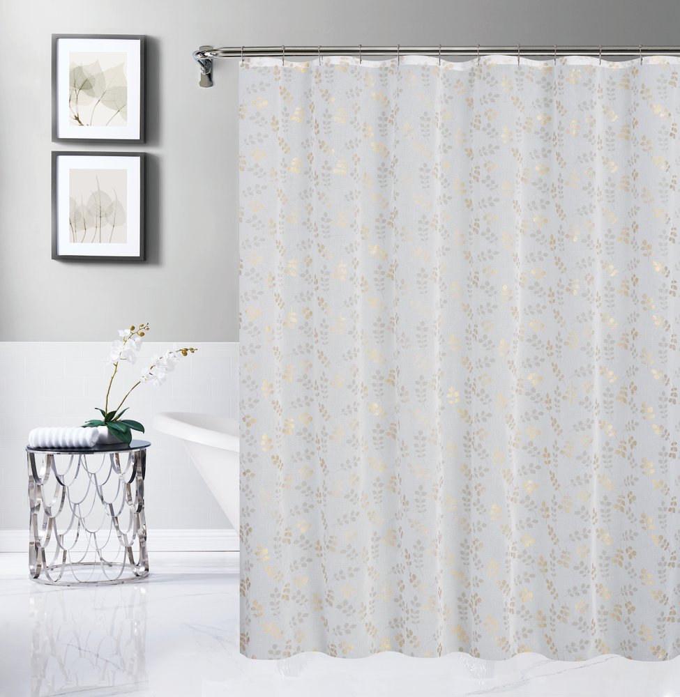 72" White And Gold Floral Shower Curtain