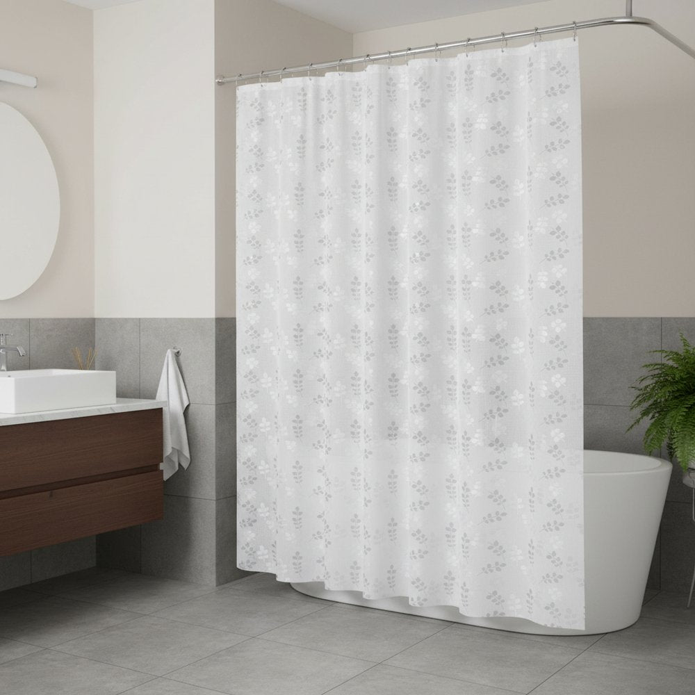 72" White And Silver Floral Shower Curtain