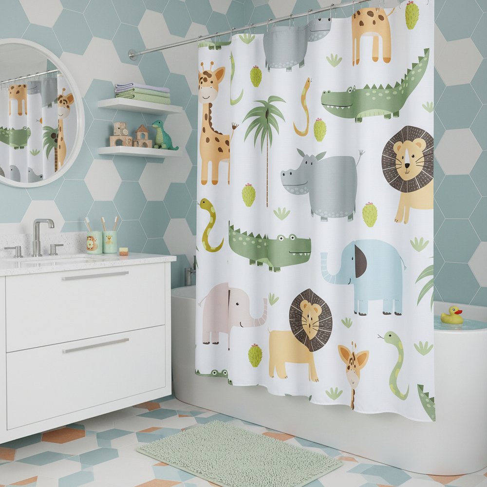 72" Blue Green And White Youthful Animal Print Shower Curtain