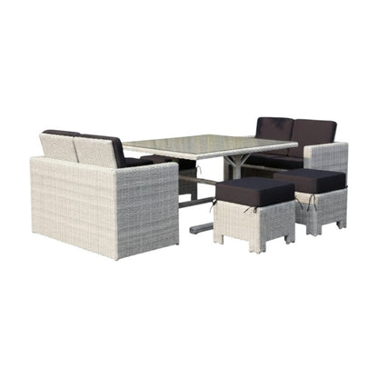 Seven Piece White and Dark Gray Wicker Upholstered Cushions Outdoor Patio Set With Table