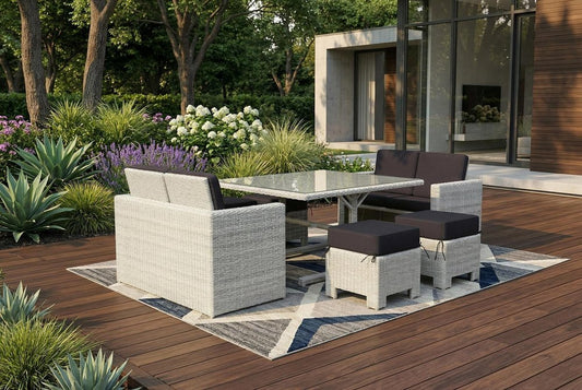 Seven Piece White and Dark Gray Wicker Upholstered Cushions Outdoor Patio Set With Table