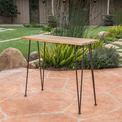 47" Walnut and Brown Wood and Iron Outdoor Bar Table