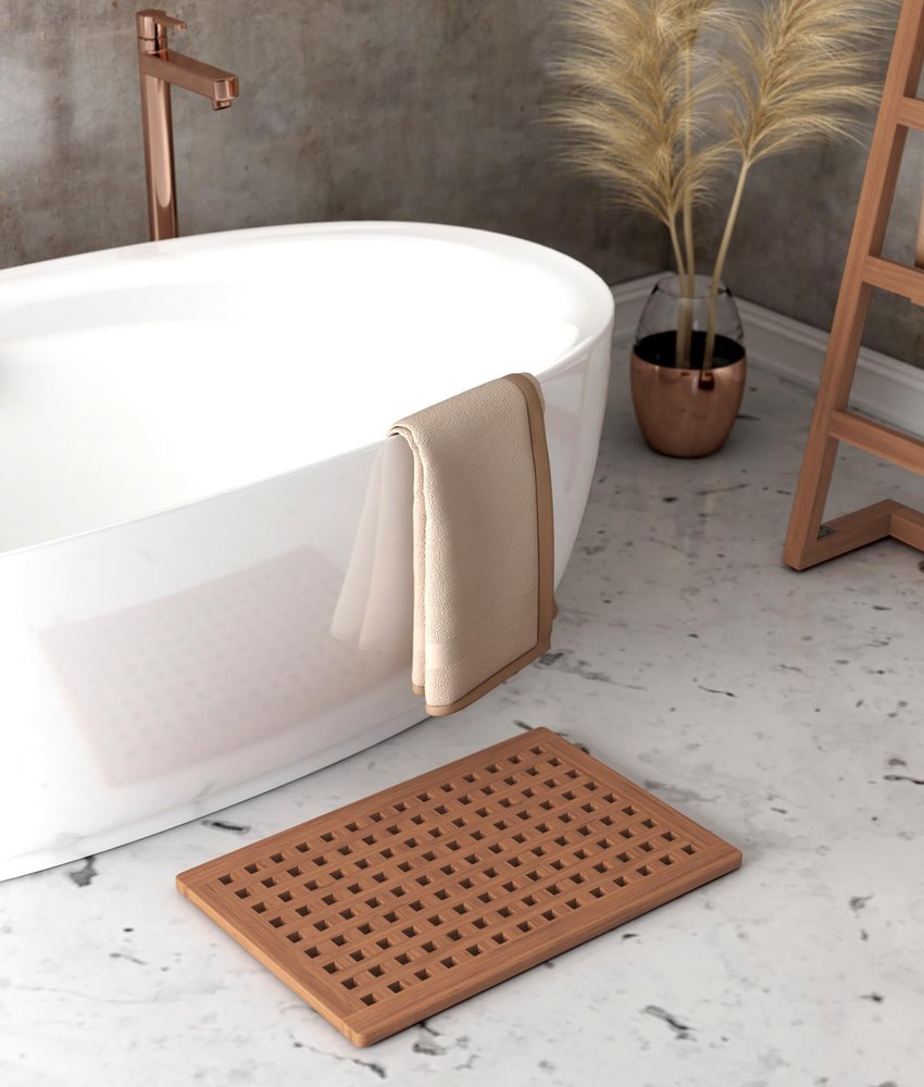 16" Natural Teak Checkered Non Slip Bath Mat
