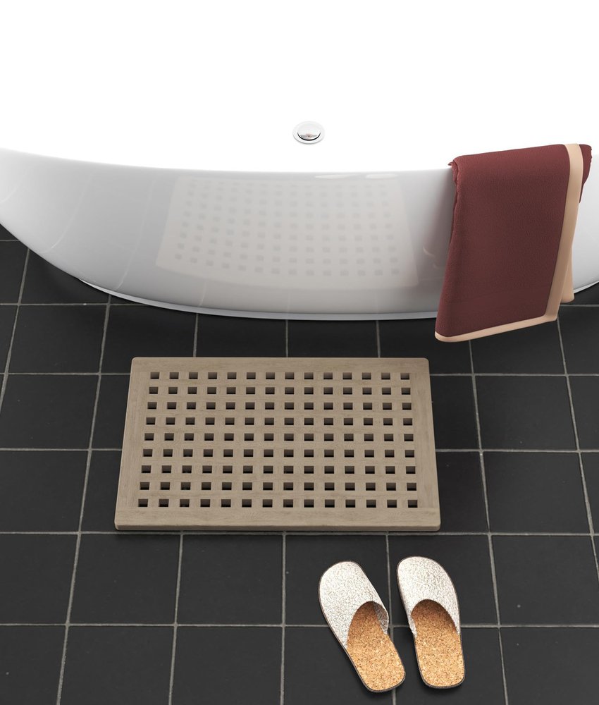16" Beige Gray Teak Checkered Non Slip Bath Mat