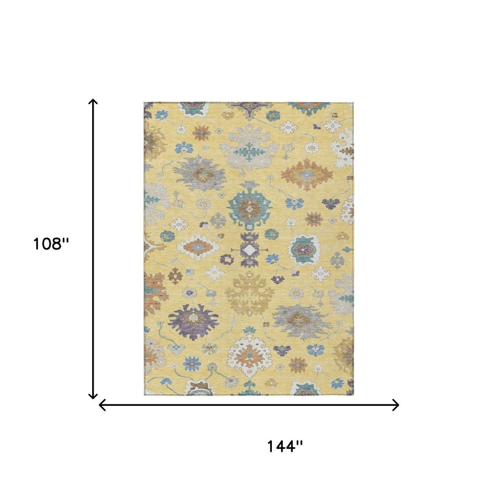 9' X 12' Yellow And Teal Blue Oriental Washable Indoor Outdoor Area Rug