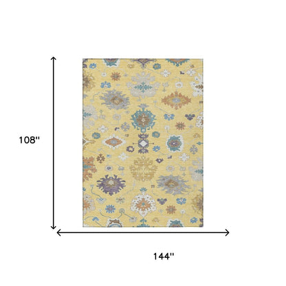 9' X 12' Yellow And Teal Blue Oriental Washable Indoor Outdoor Area Rug
