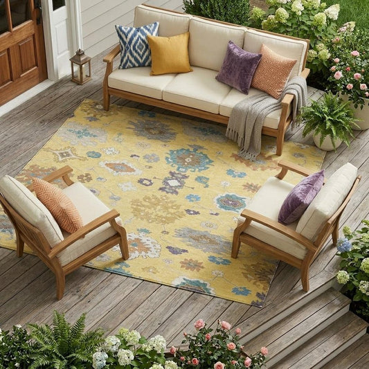 9' X 12' Yellow And Teal Blue Oriental Washable Indoor Outdoor Area Rug
