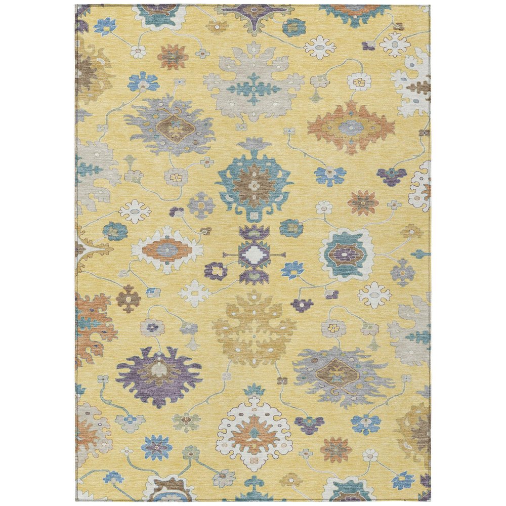 9' X 12' Yellow And Teal Blue Oriental Washable Indoor Outdoor Area Rug
