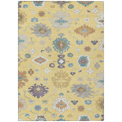 9' X 12' Yellow And Teal Blue Oriental Washable Indoor Outdoor Area Rug