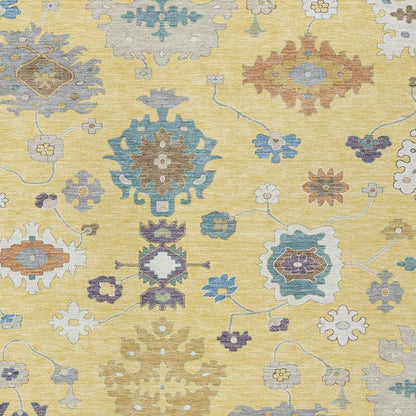 9' X 12' Yellow And Teal Blue Oriental Washable Indoor Outdoor Area Rug