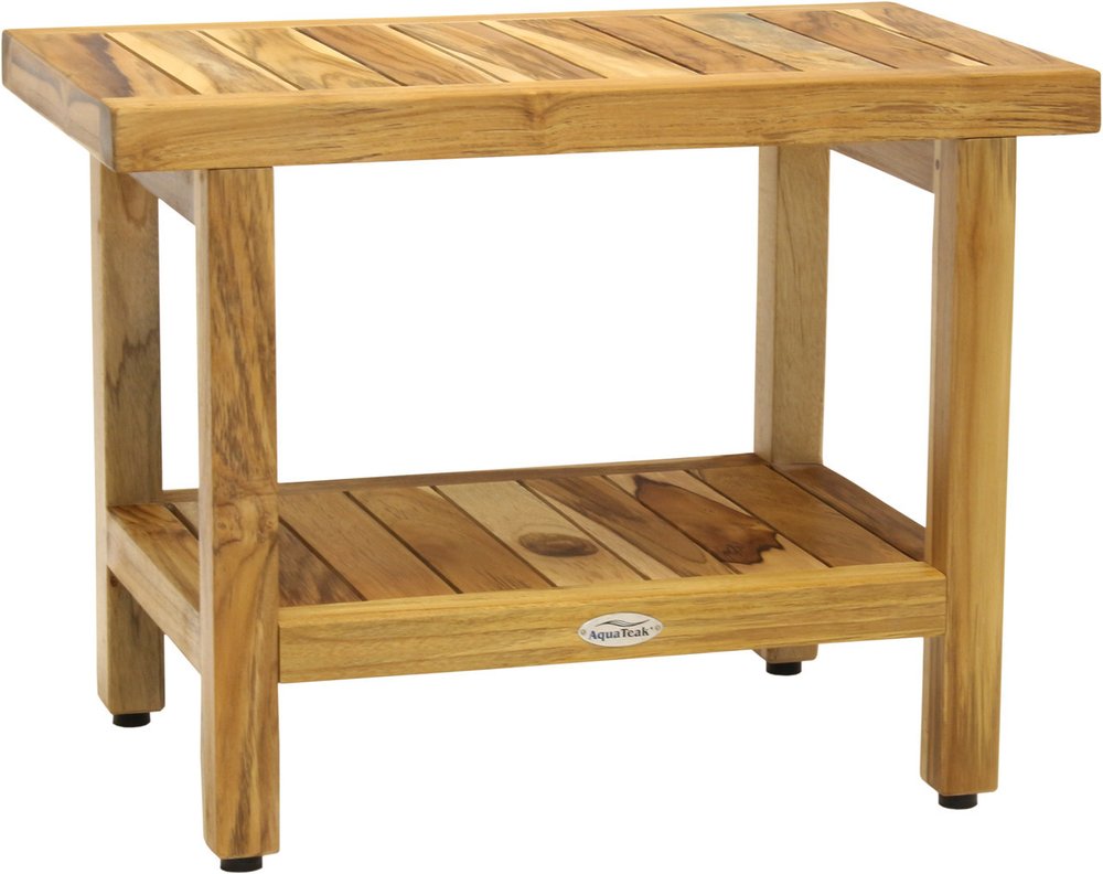 18" X 24" Brown Teak Rectangular Shower Bench With Shelf