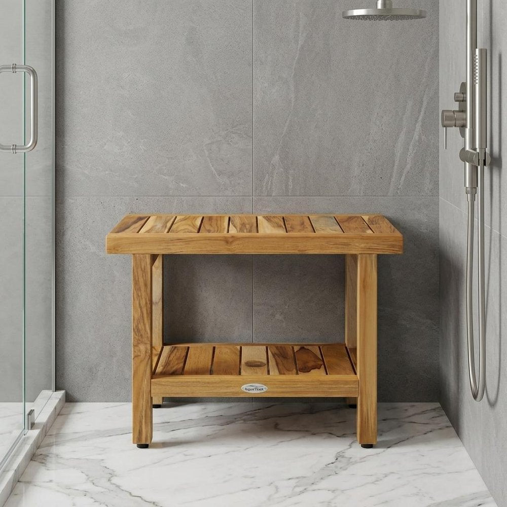 18" X 24" Brown Teak Rectangular Shower Bench With Shelf