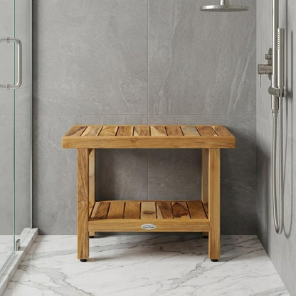 18" X 24" Brown Teak Rectangular Shower Bench With Shelf