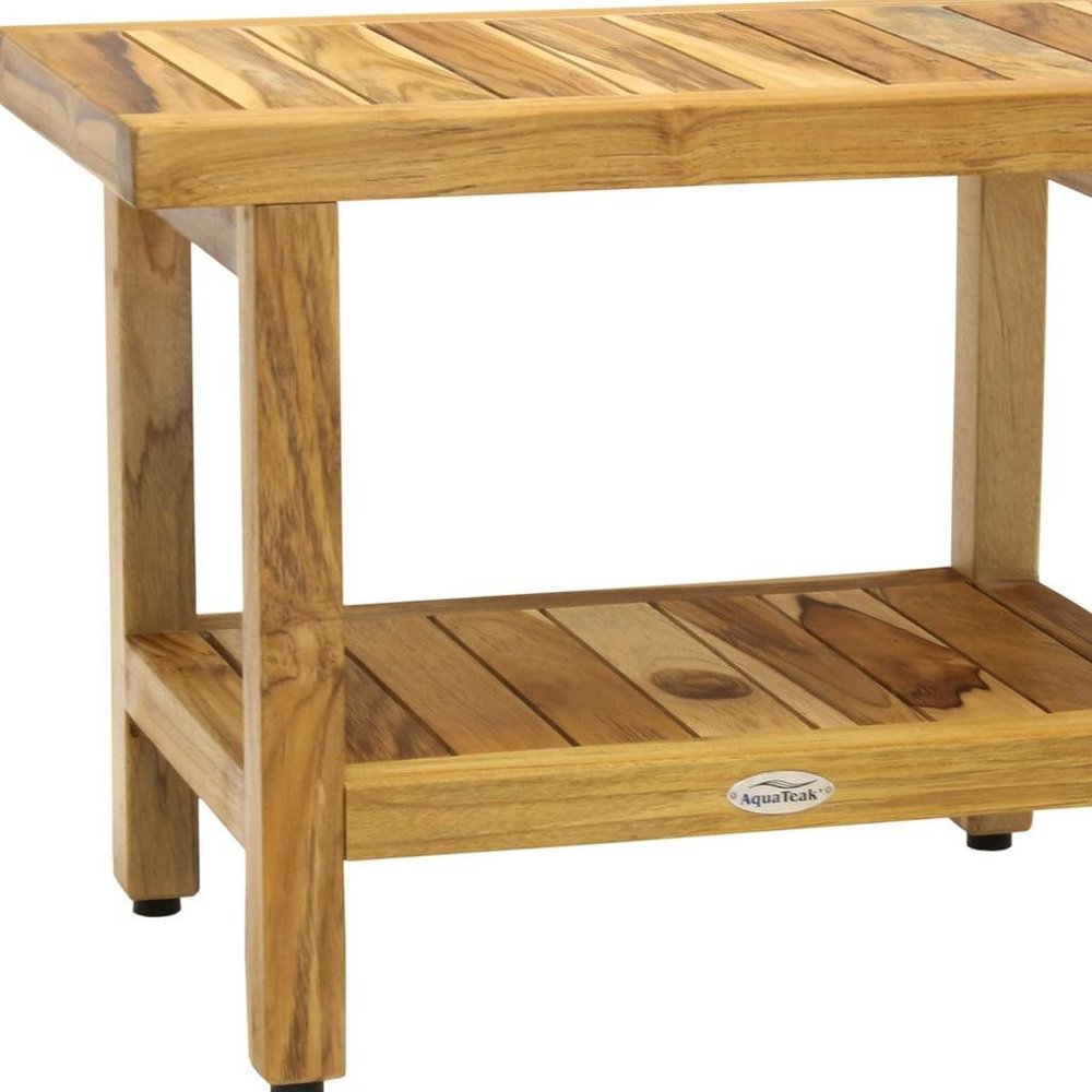 18" X 24" Brown Teak Rectangular Shower Bench With Shelf