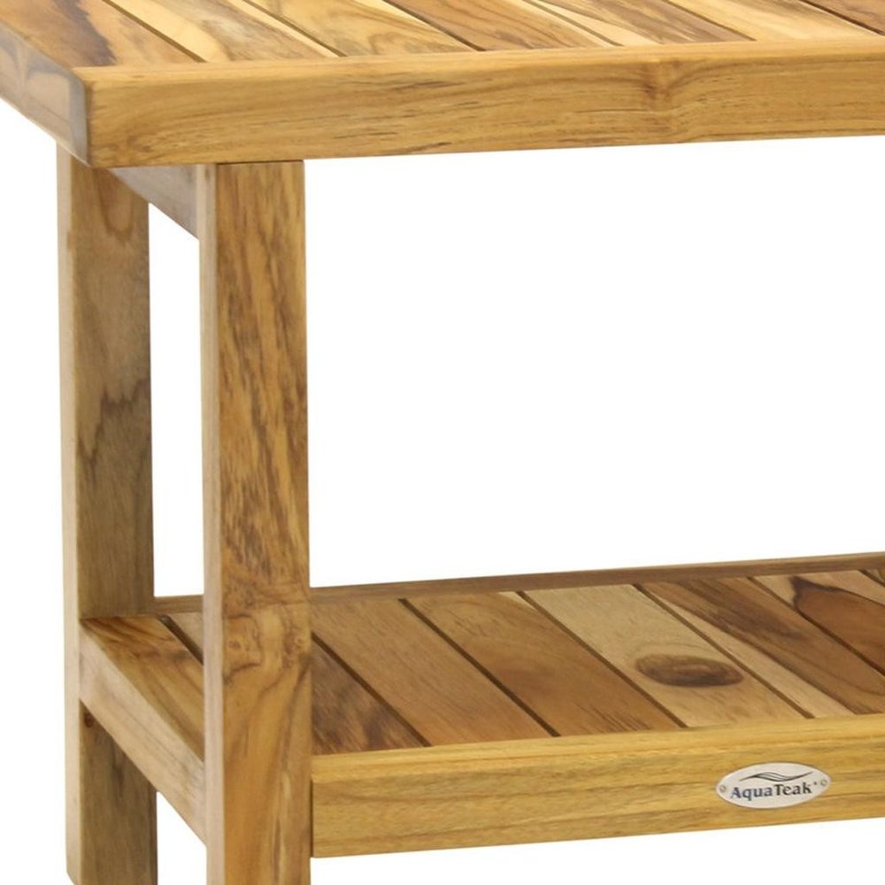 18" X 24" Brown Teak Rectangular Shower Bench With Shelf