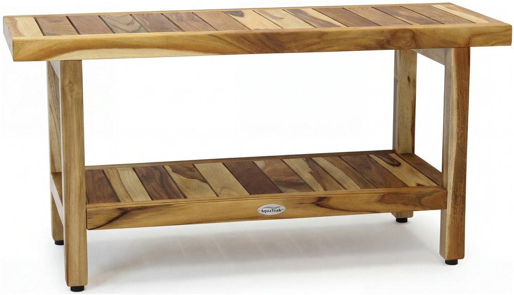 18" X 36" Brown Teak Rectangular Shower Bench With Shelf