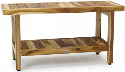 18" X 36" Brown Teak Rectangular Shower Bench With Shelf