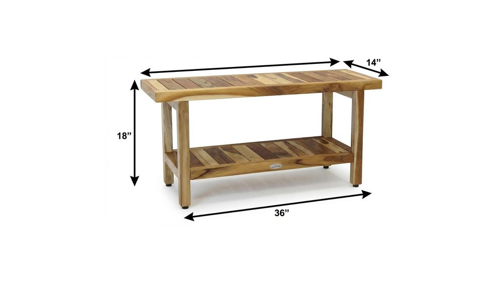 18" X 36" Brown Teak Rectangular Shower Bench With Shelf