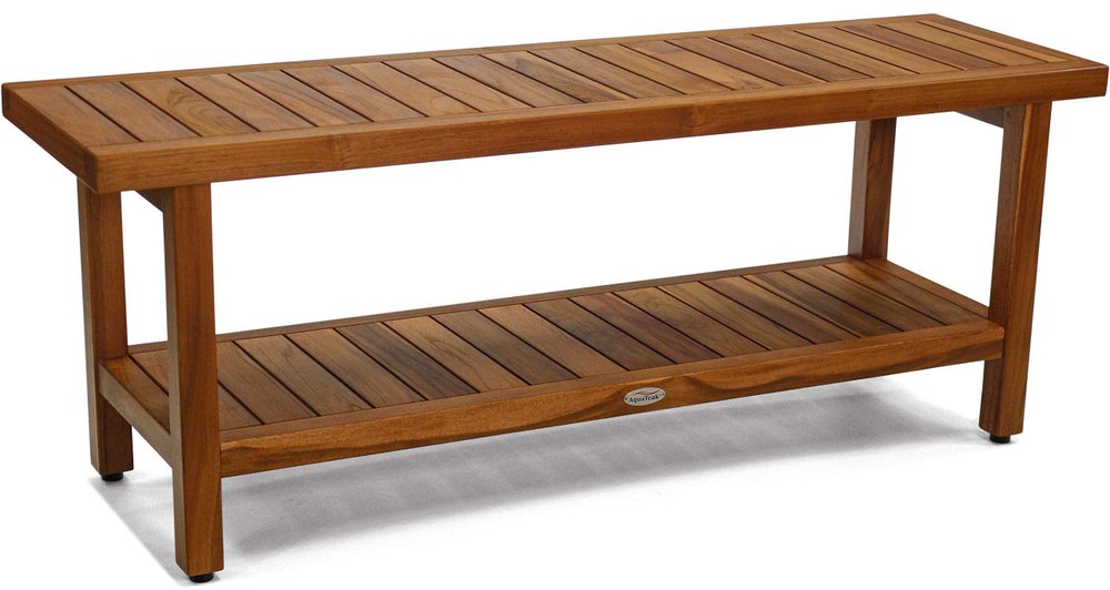 18" X 48" Brown Teak Rectangular Shower Bench With Shelf