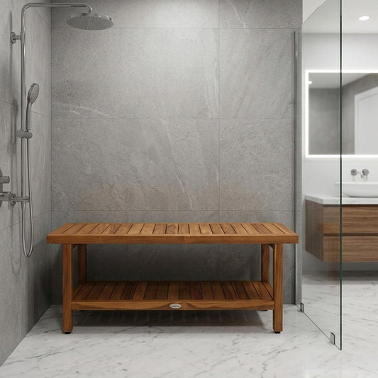 18" X 48" Brown Teak Rectangular Shower Bench With Shelf