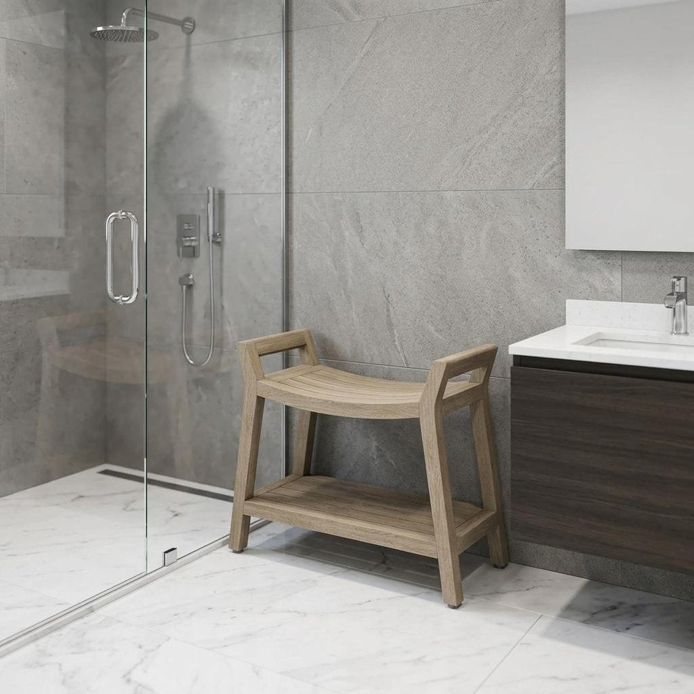 18" X 24" Brown Teak Rectangular Shower Bench With Shelf