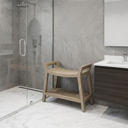 18" X 24" Brown Teak Rectangular Shower Bench With Shelf