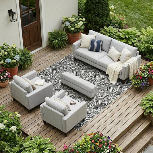 9' X 12' White And Beige Geometric Washable Indoor Outdoor Area Rug