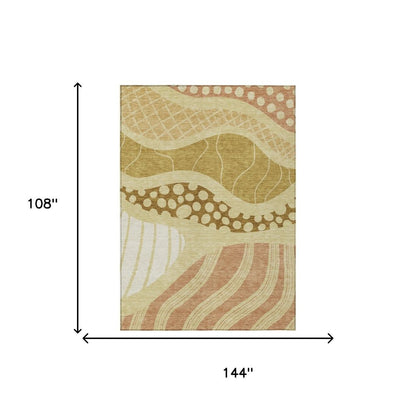 9' X 12' Wheat And Graphite Abstract Washable Indoor Outdoor Area Rug