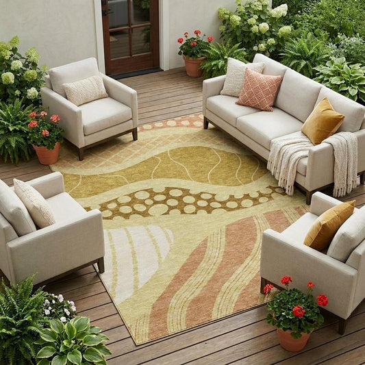 9' X 12' Wheat And Graphite Abstract Washable Indoor Outdoor Area Rug