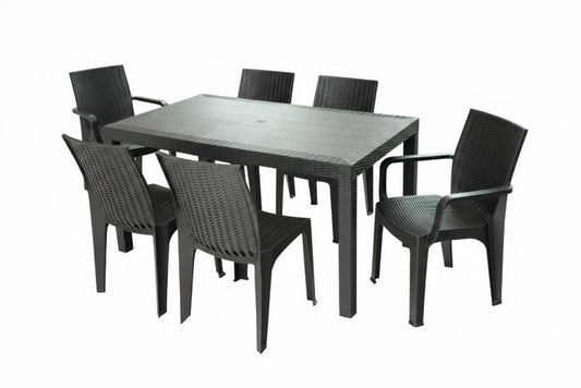 Seven Piece Brown Plastic Outdoor Patio Set With Table
