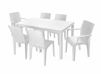 Seven Piece White Plastic Outdoor Patio Set With Table