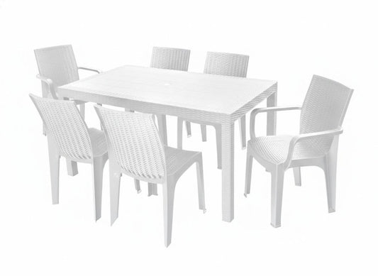 Seven Piece White Plastic Outdoor Patio Set With Table
