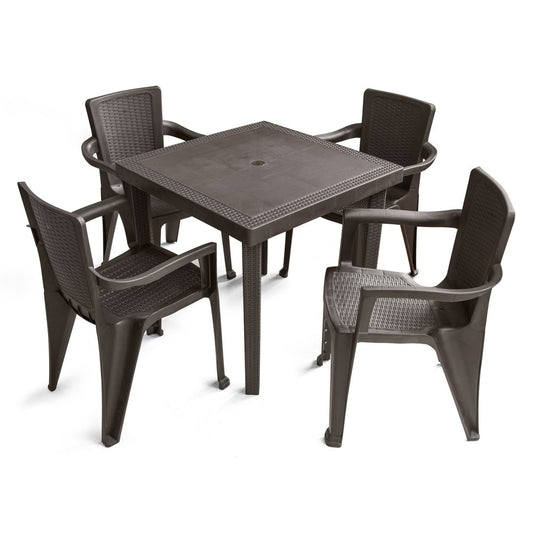 Five Piece Brown Plastic Outdoor Patio Set With Table