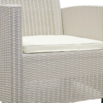 Three Piece Taupe and Beige Plastic Upholstered Cushions Two Person Seating Group With Table