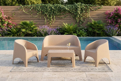 Four Piece Taupe Plastic Outdoor Patio Set With Table