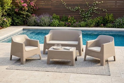 Four Piece Taupe and Beige Plastic Upholstered Cushions Outdoor Patio Set With Table