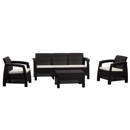 Four Piece Espresso and Beige Plastic Upholstered Cushions Outdoor Patio Set With Table