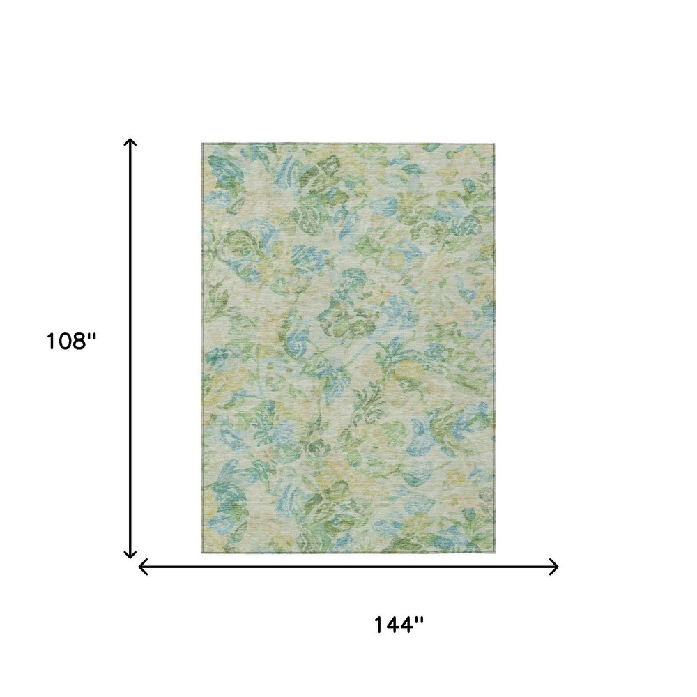 9' X 12' Yellow And Gold Floral Washable Indoor Outdoor Area Rug