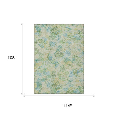 9' X 12' Yellow And Gold Floral Washable Indoor Outdoor Area Rug
