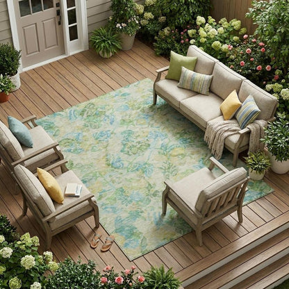 9' X 12' Yellow And Gold Floral Washable Indoor Outdoor Area Rug