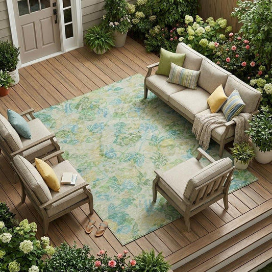 9' X 12' Yellow And Gold Floral Washable Indoor Outdoor Area Rug